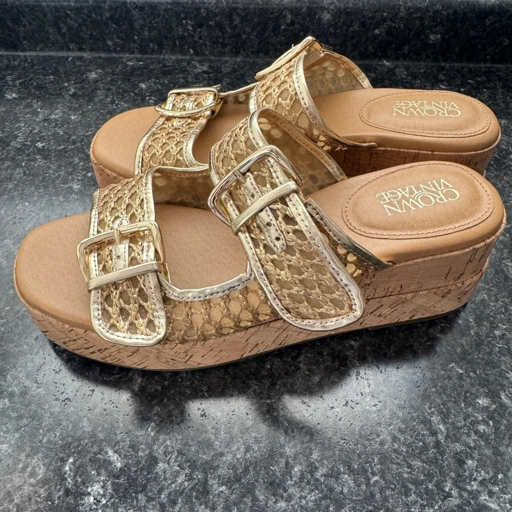 Crown Vintage Strappy Buckle Cork Platform Wedge Gold Sandal Woven Cane Women 10